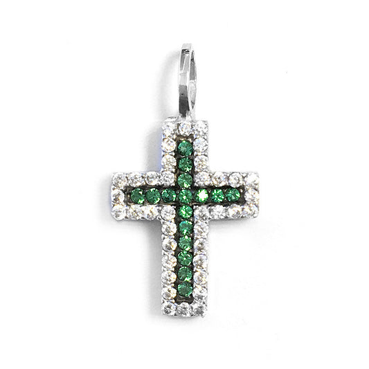  Pendentif Croix émeraudes Diamants Sur Or Blanc 9K