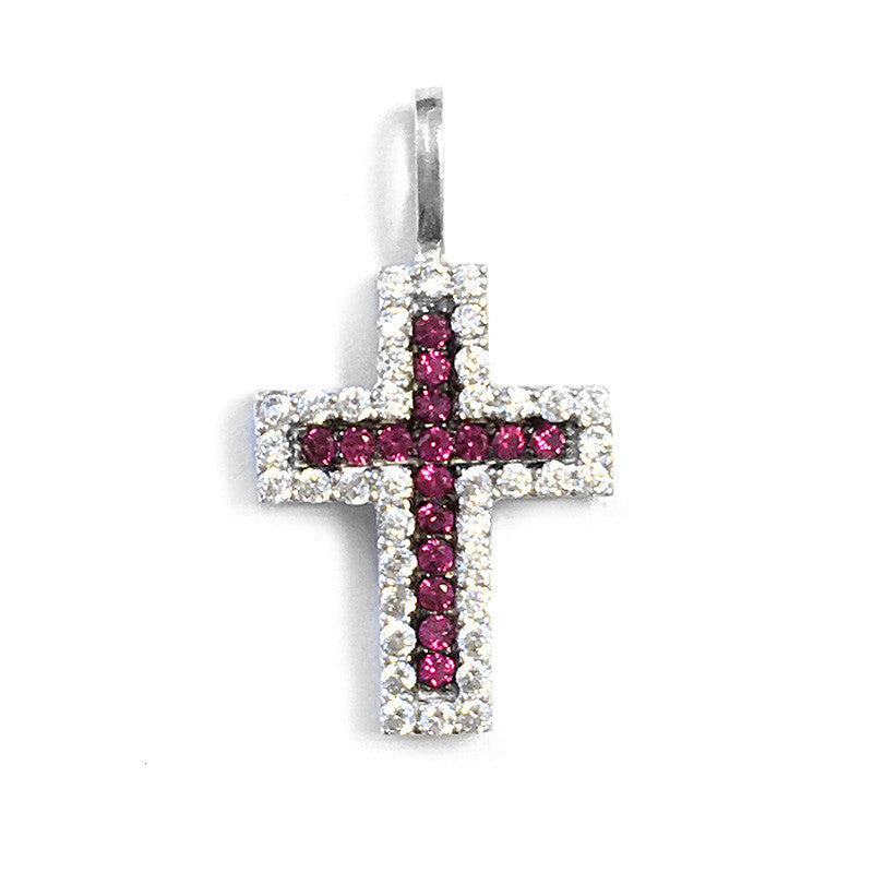  Pendentif Croix Rubis Diamants Sur Or Blanc 9K