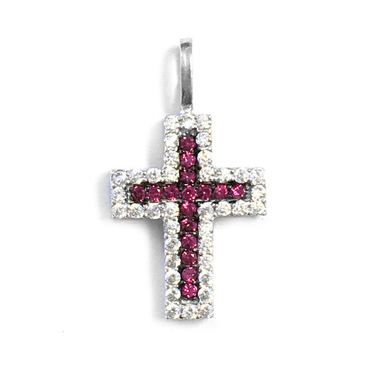  Pendentif Croix Rubis Diamants Sur Or Blanc 9K