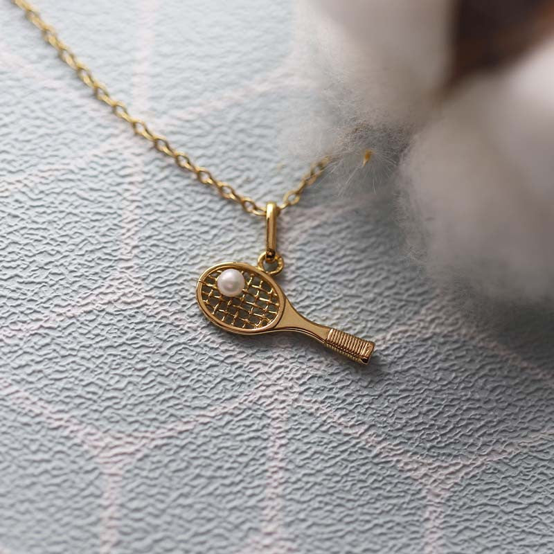  Pendentif Raquette De Tennis Or Jaune Et Perle Blanche