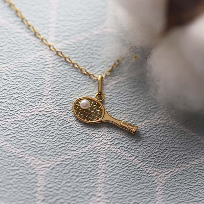  Pendentif Raquette De Tennis Or Jaune Et Perle Blanche